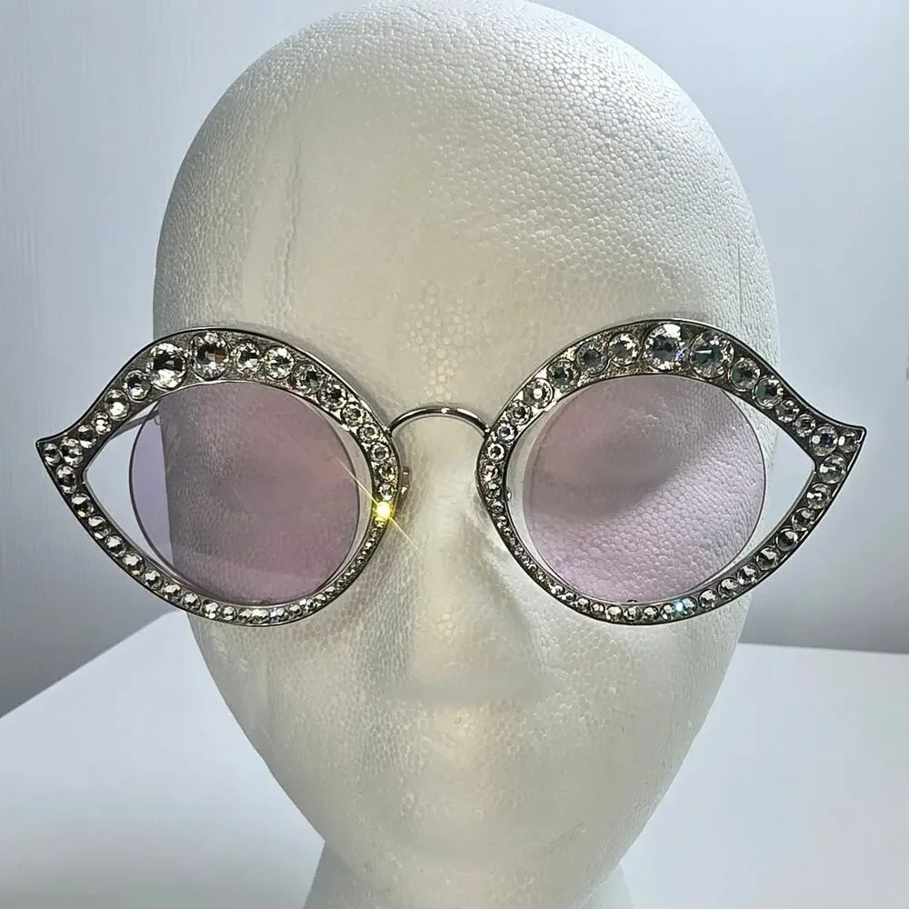 Gucci Crystal Lips Rhinestone Cat Eye Sunglasses Round Lenses Light Lilac